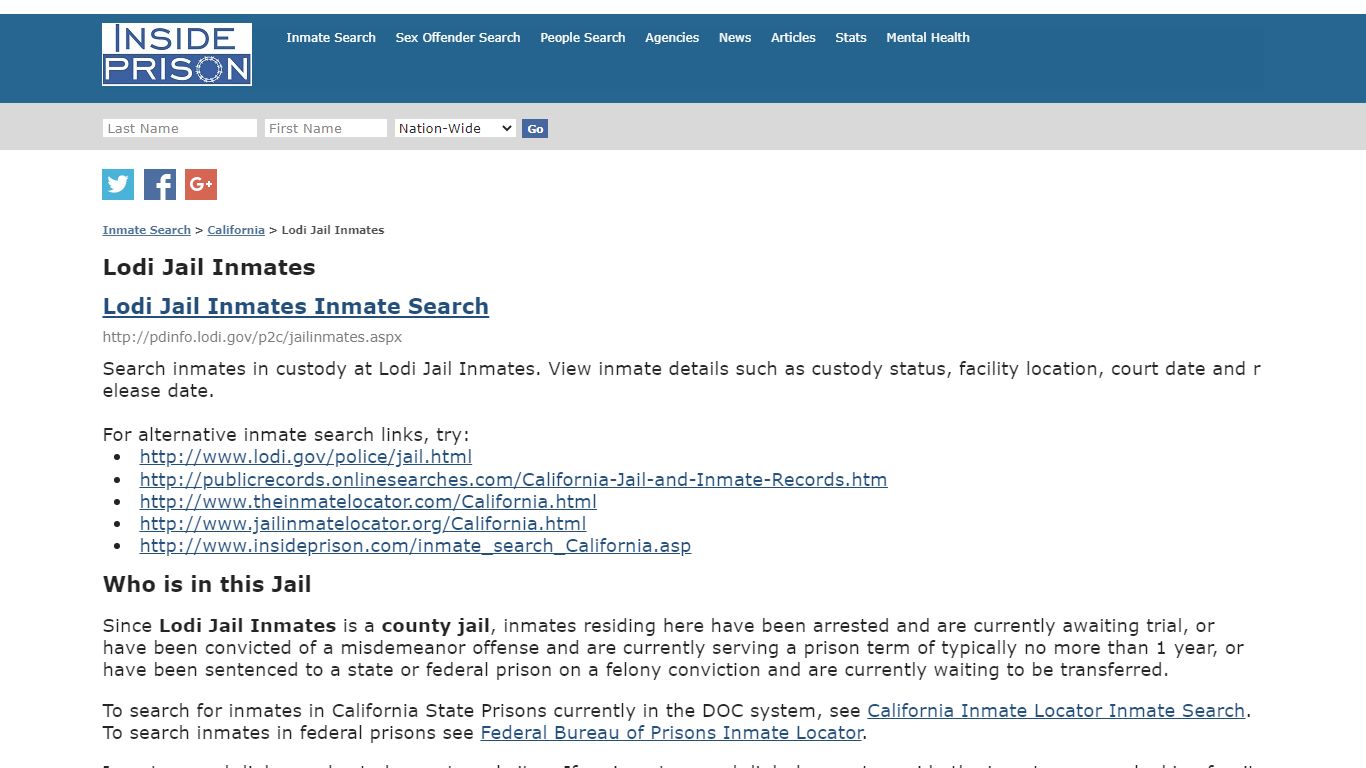 Lodi Jail Inmates - California - Inmate Search - Inside Prison